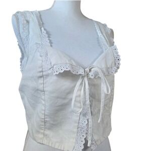 White Boho-Chic Eyelet Tie Front Tank Top Vest L Cottagecore Romantic Poetcore